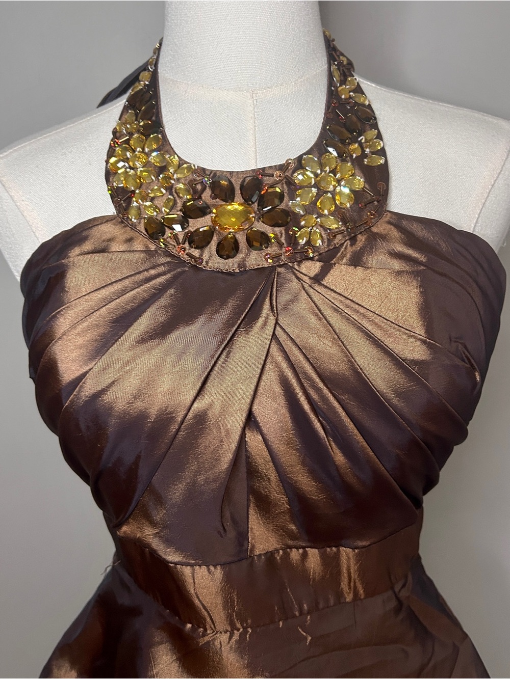 Y2K Masquerade Brown Beaded Halter Ruffle Bubble Hem Party Dress Homecoming 7/8 - Picture 4 of 14